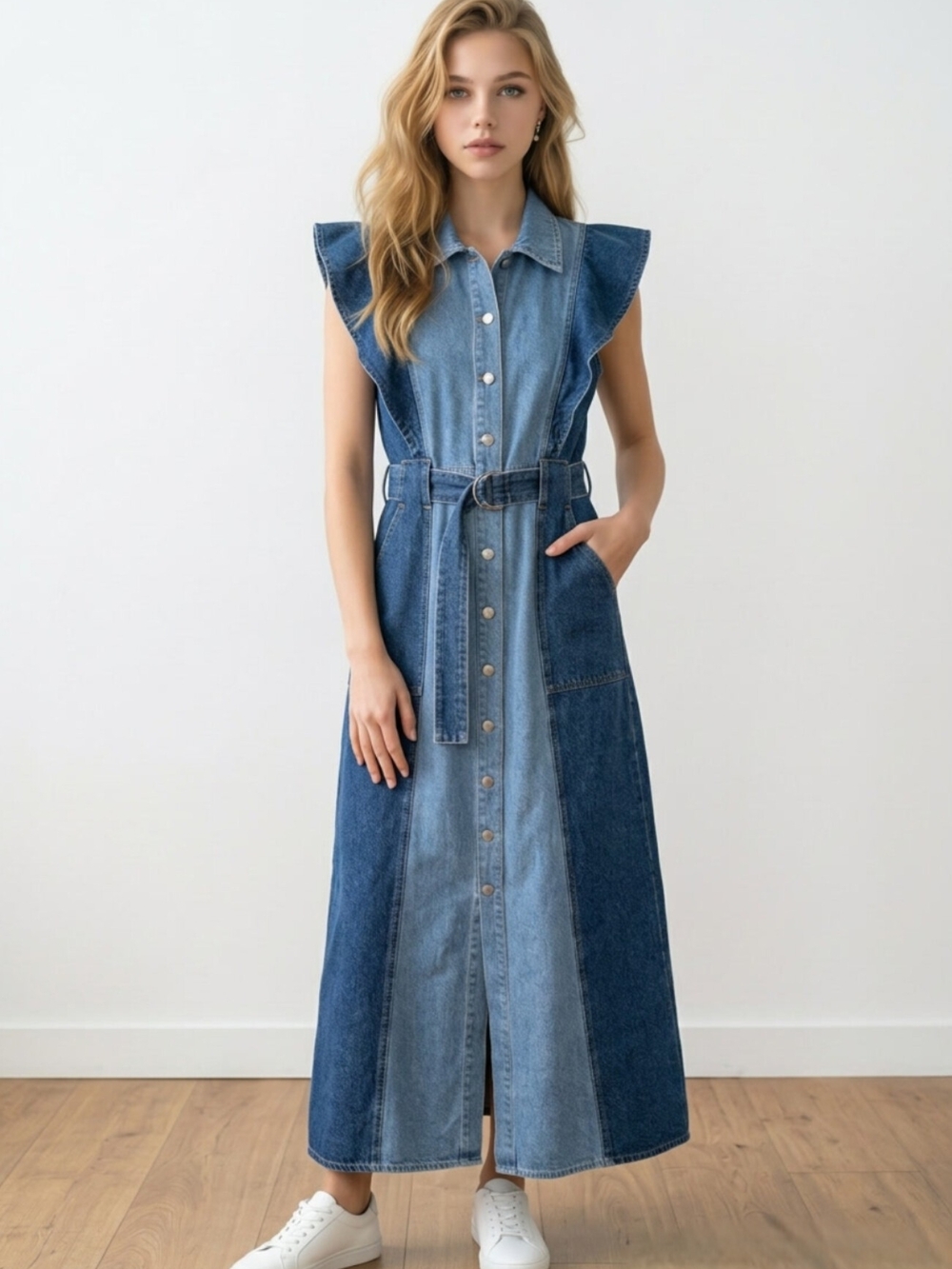 Derek Lam 10 Crosby Michelle Two-Tone Denim Midi Dress Size 6 Ruffle Belted